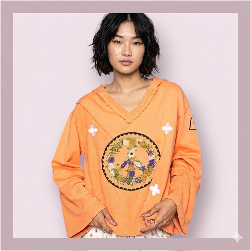 POL Sherbet Peace Embroidered Floral Raw Hem Retro Oversized Top